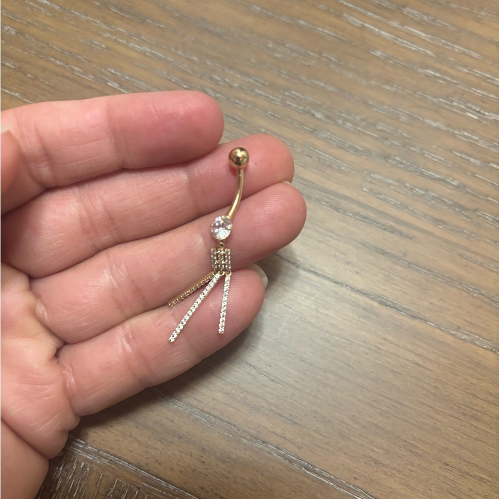 14k Solid Gold Belly Ring With Sparkling Vertical… - image 1